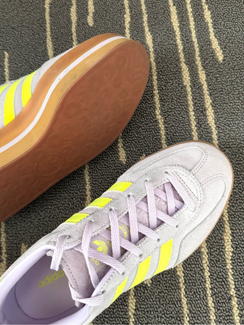 adidas Women's Gazelle Stack Lavender Suede Platform Sneakers with Neon Yellow - Picture 4 of 8